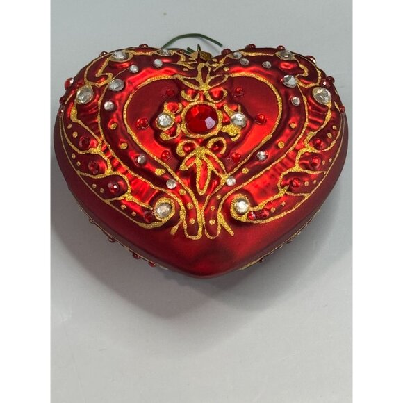 Dillards Handcrafted Glass Heart Ornament Red Jeweled 3" x 3 1/4" Boxed - Picture 3 of 6